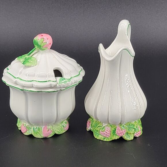 Vintage White Porcelain Cream Sugar Set Pink Strawberries Hand Painted Italy - Picture 7 of 11